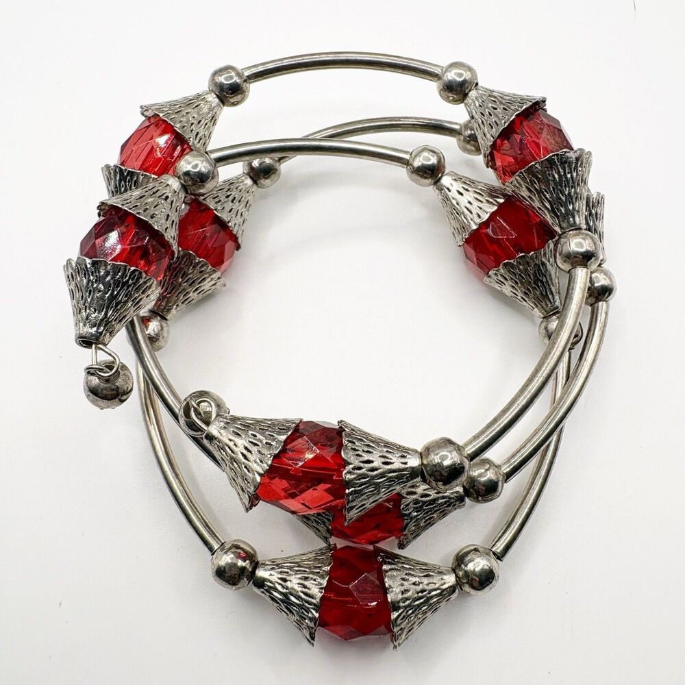 Expandable Memory Wire Bangle Bracelet Red Crystal Beads Beaded Silver Tone